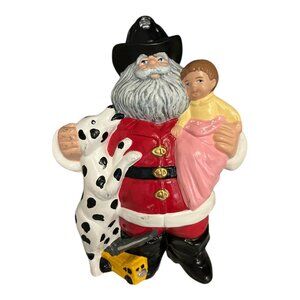 Firefighter Santa Figurine – Painted Ceramic – 1990s Holiday Decor – 9" Tall